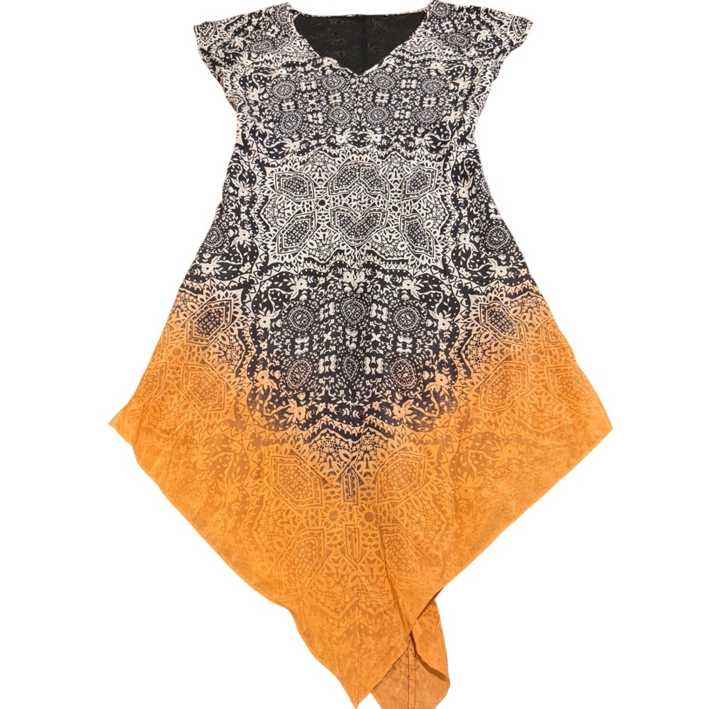 Boho Mandala Print Ombre Handkerchief Hem Asymmetrical V-Neck Dress Orange Black